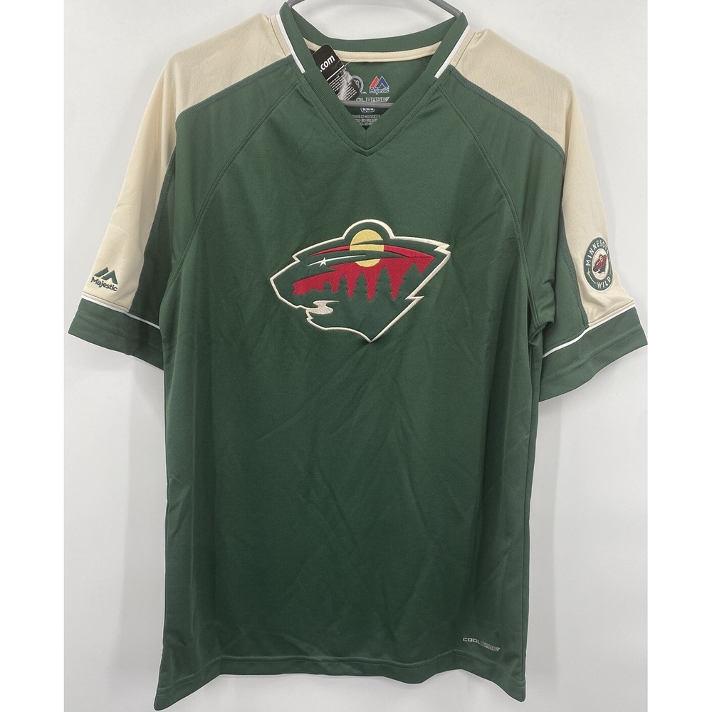 NEW Minnesota Wild NHL Majestic Cool Base Size Medium Green Short Sleeve Shirt